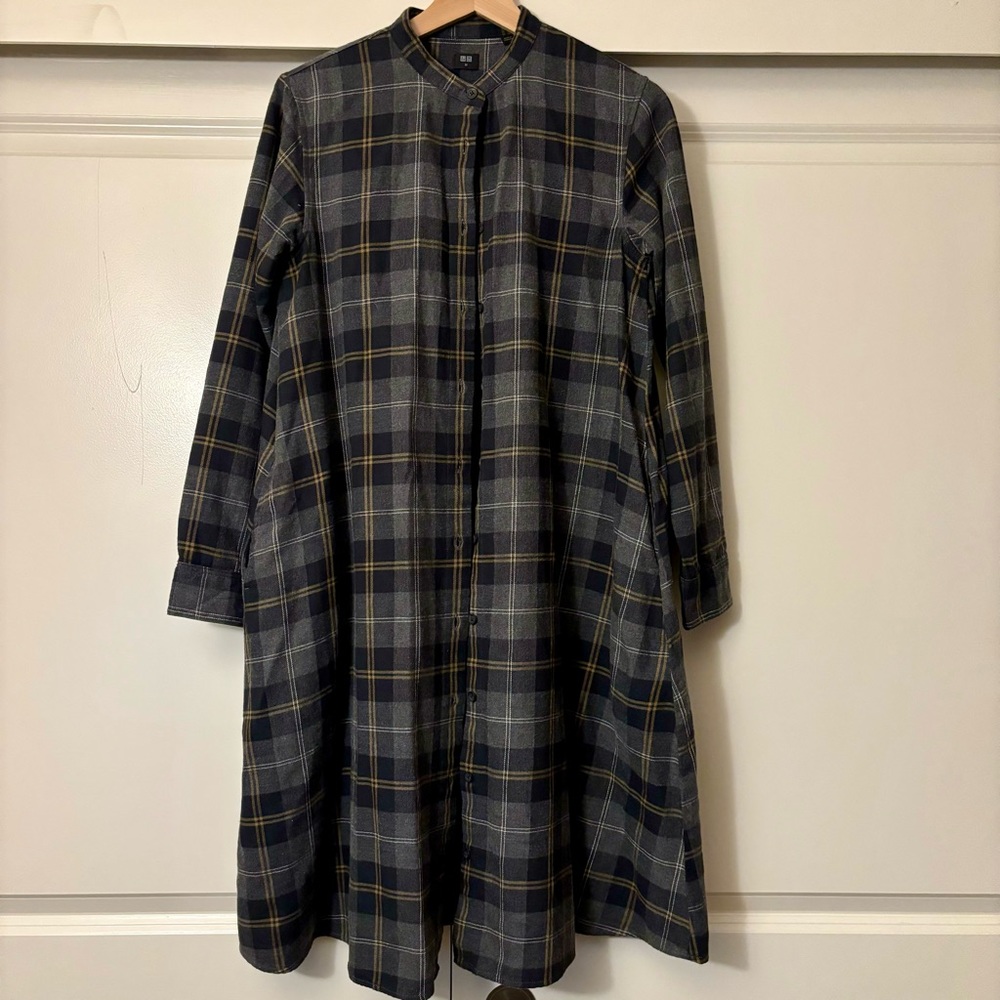 Uniqlo Gray Plaid 100% Cotton Flannel A-Line Midi Shirt Dress w/ Pockets